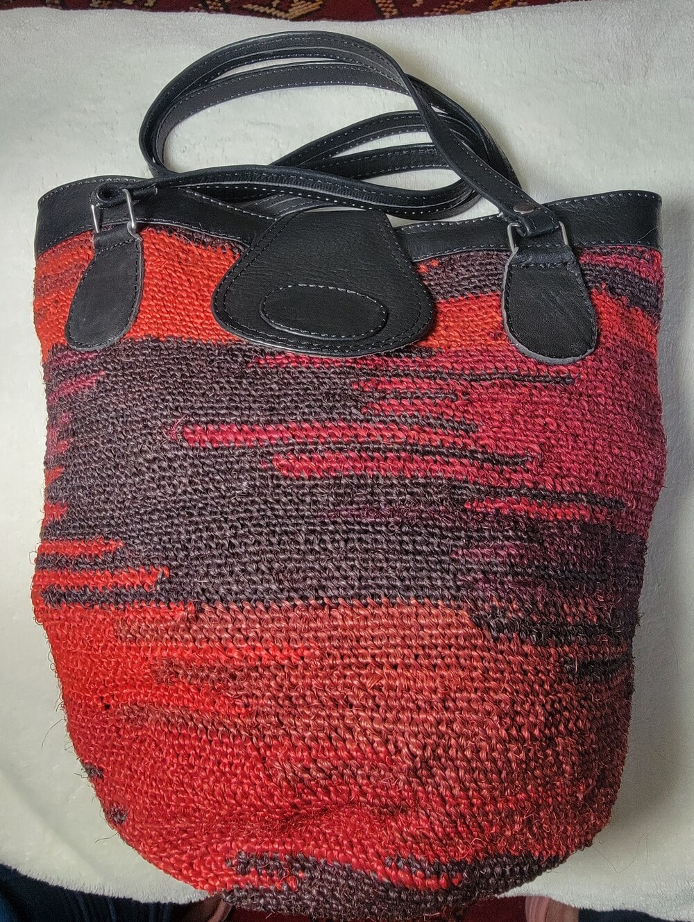 Handwoven Red & Dark Brown Tote Bag with Black Trim